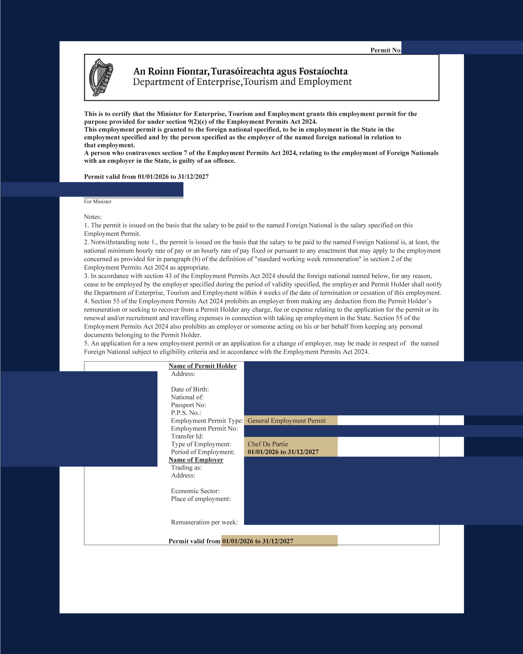 A government employment permit document with text in Irish and English, containing personal details, permit type, employer information, and valid dates, on white paper with blue and gold highlight sections.