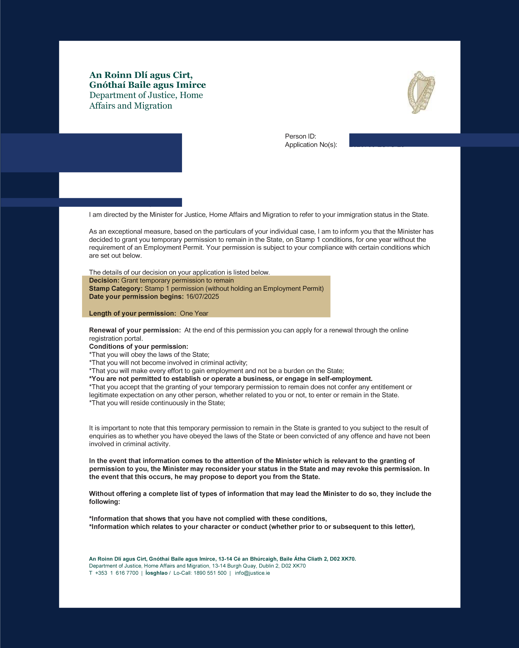 Official Irish immigration document granting temporary permission to remain, with details about the decision, category, start date, duration, conditions, and renewal process.