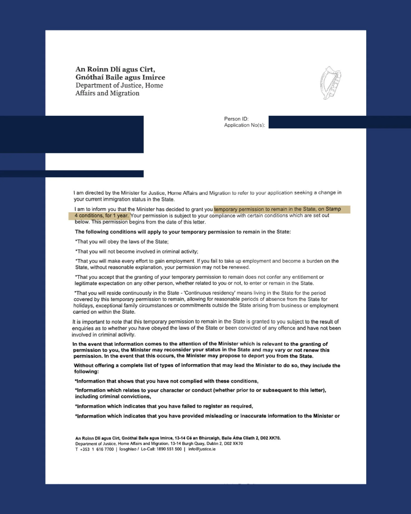 Official Irish government letter regarding temporary permission to remain in the state with conditions for one year, issued by the Department of Justice, Home Affairs and Migration, Dublin.