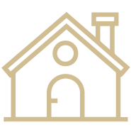 A simple line drawing of a house with a circular window and a chimney.