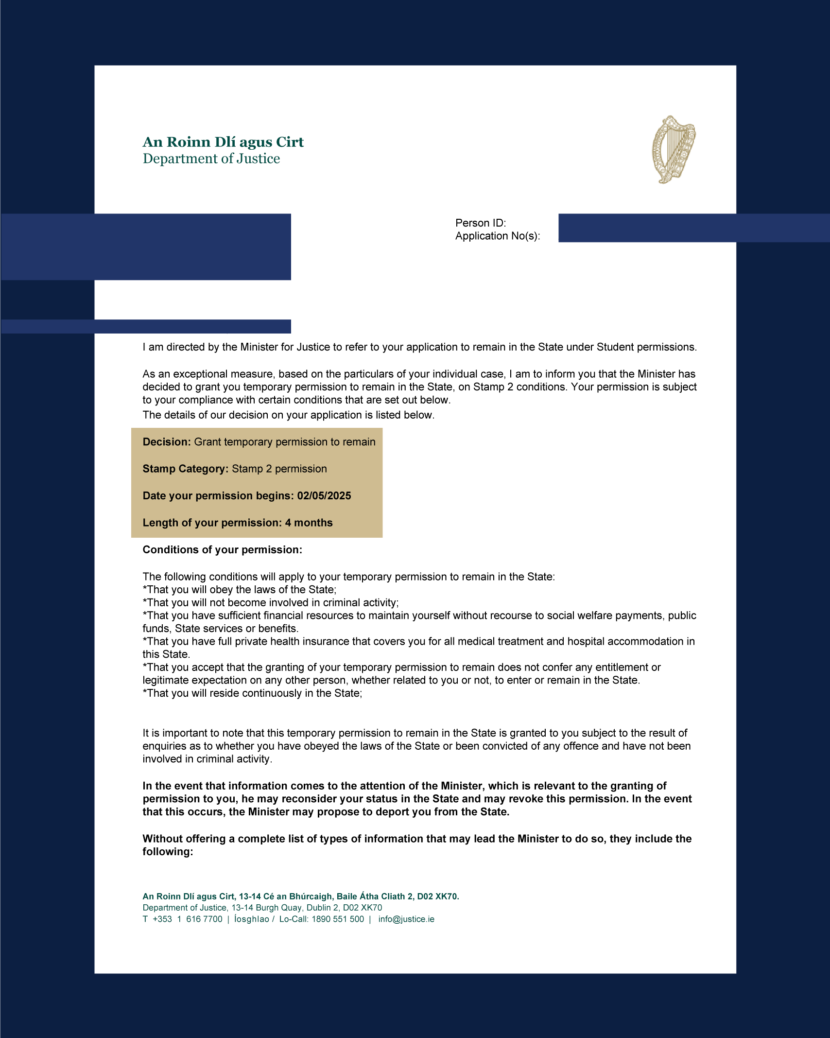 Official Irish Department of Justice document granting temporary permission to remain in the state, dated 02/05/2025, with details about the application, conditions, and issuer's address.
