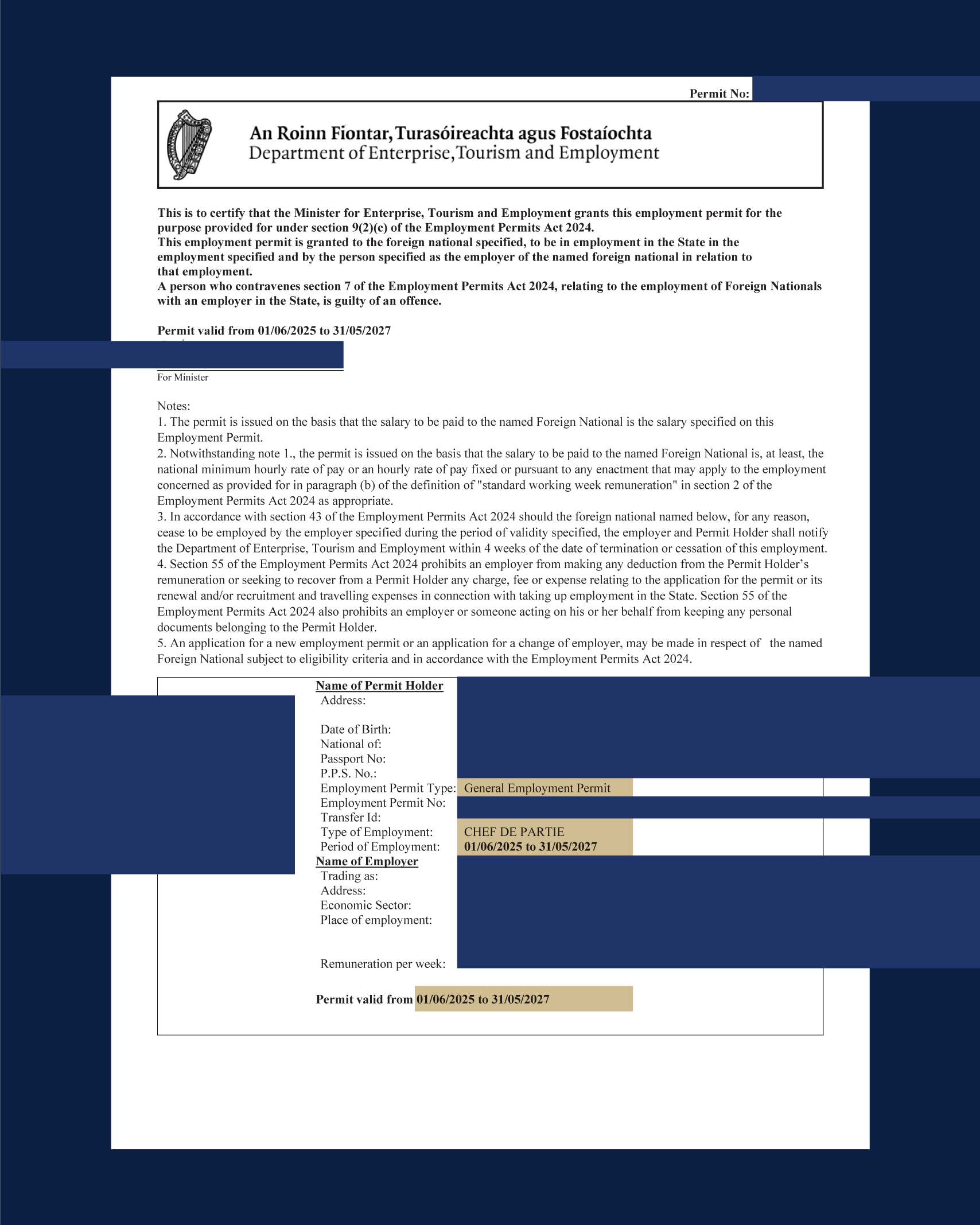 Irish employment permit document with official text, sections for permit number, personal details, employer information, and validity dates, including labels like 'General Employment Permit' and 'CHEF DE PARTIE'.