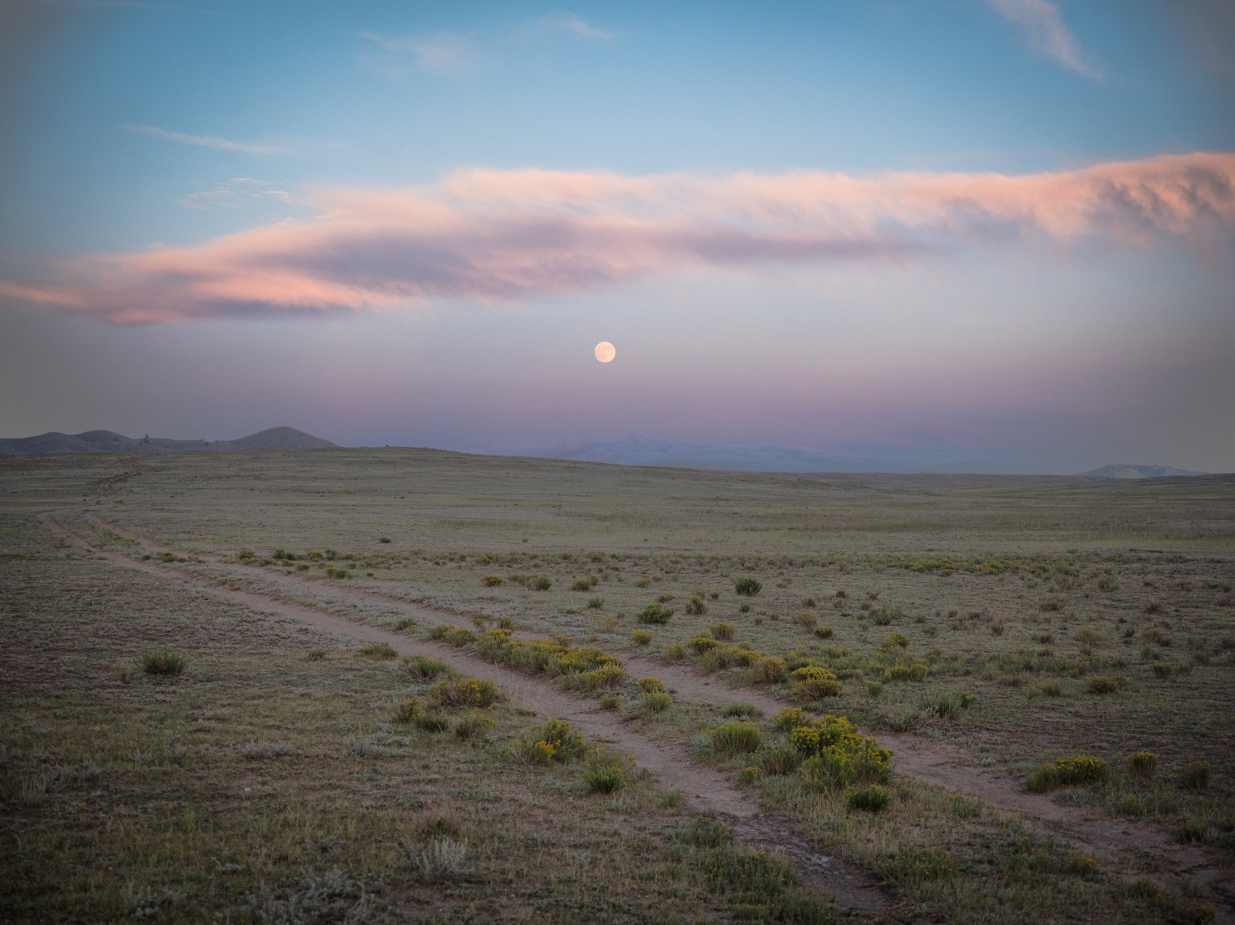 A landscape with a dirt path winding through grassy plains and hills in the distance. The sky is partly cloudy with pink and blue hues, and the moon is visible near the horizon.