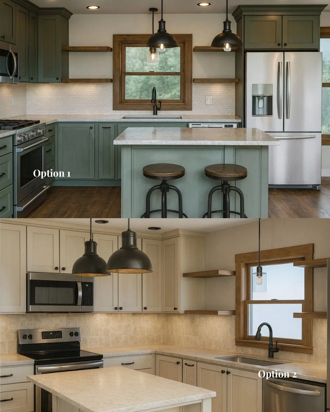 Which direction would you choose for this modern rustic cabin kitchen? 

I always love seeing how one finish can shift the whole mood of a space. 

#montanainteriordeaign #rusticmoderninteriors #cabinkitchendesign #montanainteriordesigner
