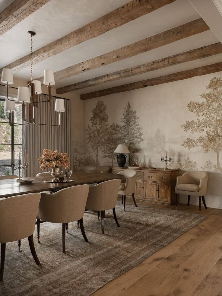 Layered textured dining space with subtle neutral colors throughout.