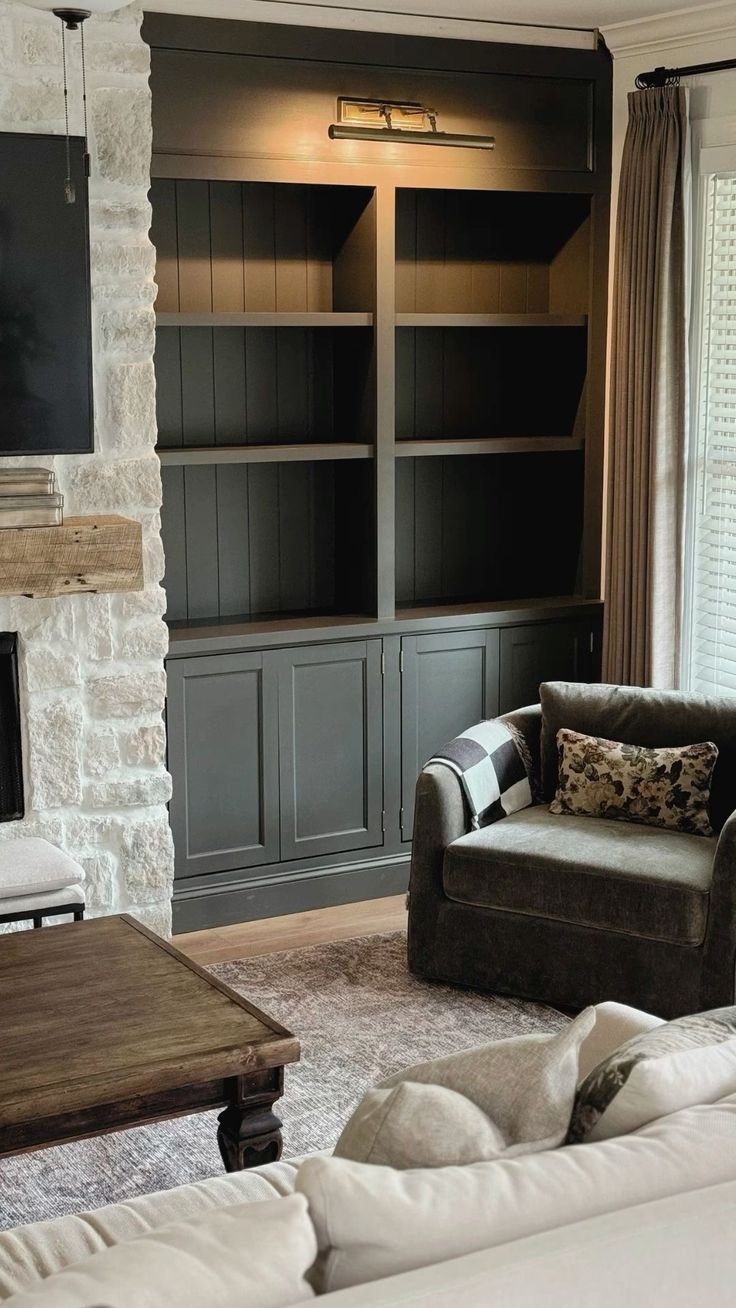 Modern Cottage fireplace with built-in custom cabinets an shelving.
