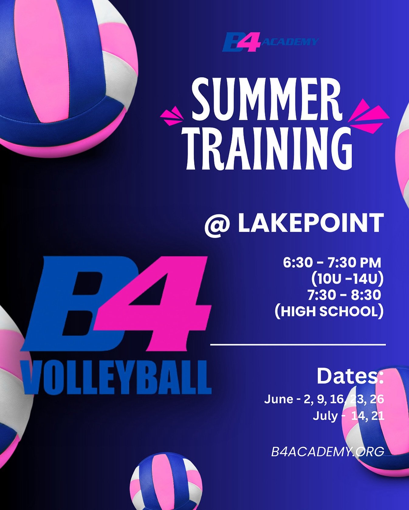 B4 Volleyball Summer Training 🏐🔥

Level up your game with elite coaching, focused skill work, and a high-energy environment built for growth. Whether you&rsquo;re new to the game or preparing for the next level, B4 is the place to train this summer