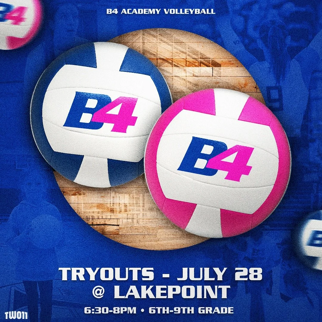 🚨 B4 Academy Volleyball Tryouts 🚨

🏐 6th&ndash;9th Grade Girls

Ready to level up? Join a program that develops skill, confidence, and leadership&mdash;on and off the court.

🔥 Travel Teams | Elite Coaching | Player Development

📲 Register with 