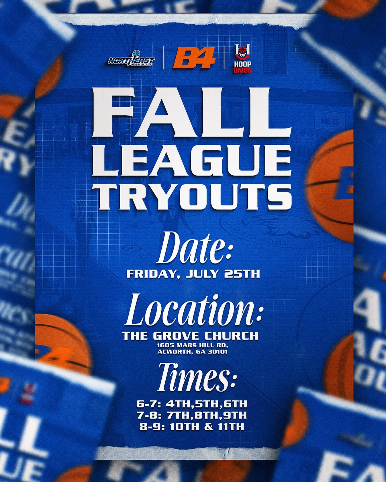🚨New Location🚨

Friday July 25th 
📍 The Grove Church 
1605 Mars Hill Rd, Acworth, GA 30101

⏰ Tryout Times:
6-7: 4th,5th,6th 
7-8: 7th,8th,9th 
8-9: 10th &amp; 11th

Register @ www.b4academy.org

Lock in. Let&rsquo;s work.
#B4Basketball #FallLeagu