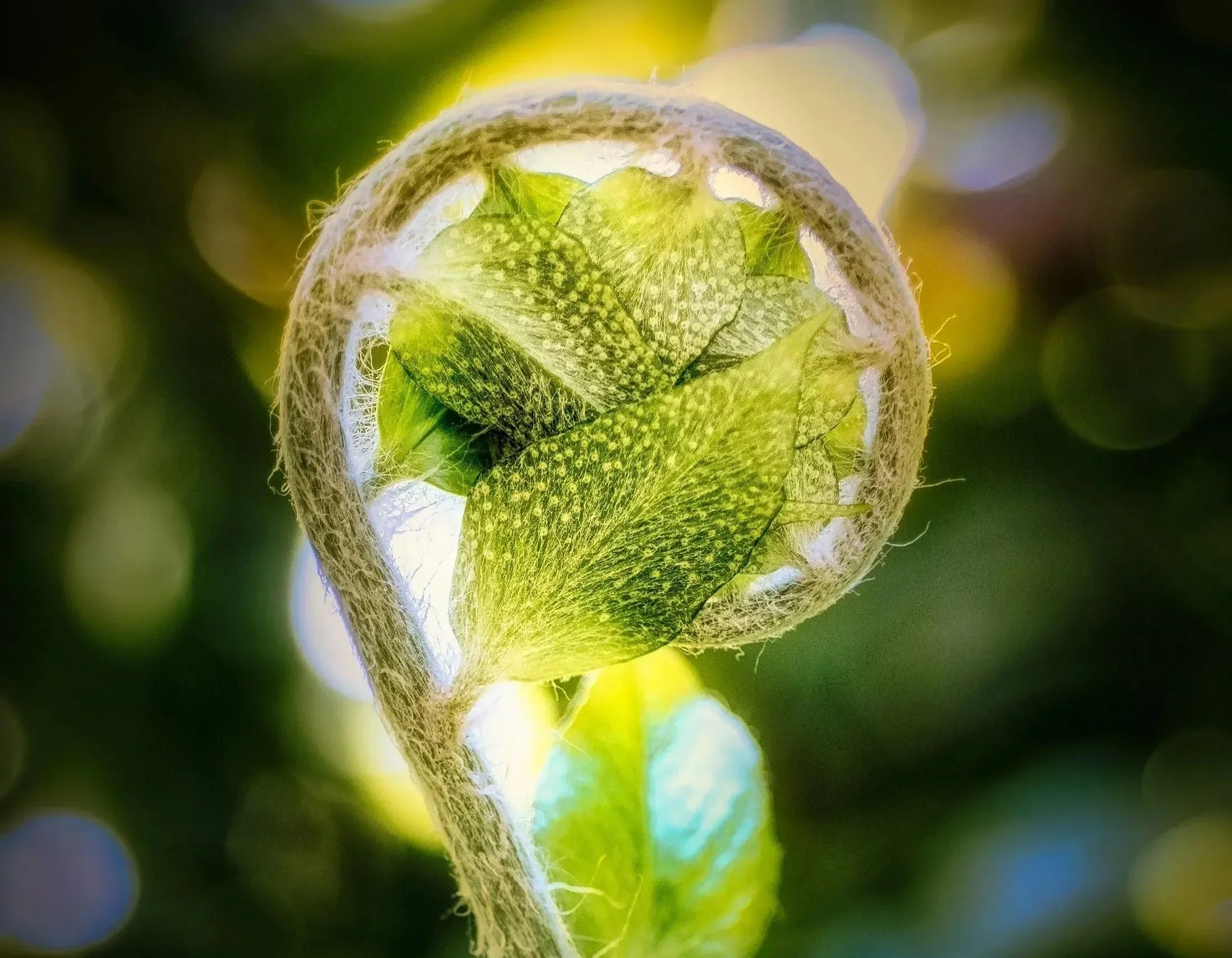 Close-up view of a green plant bud with soft sunlight filtering through.