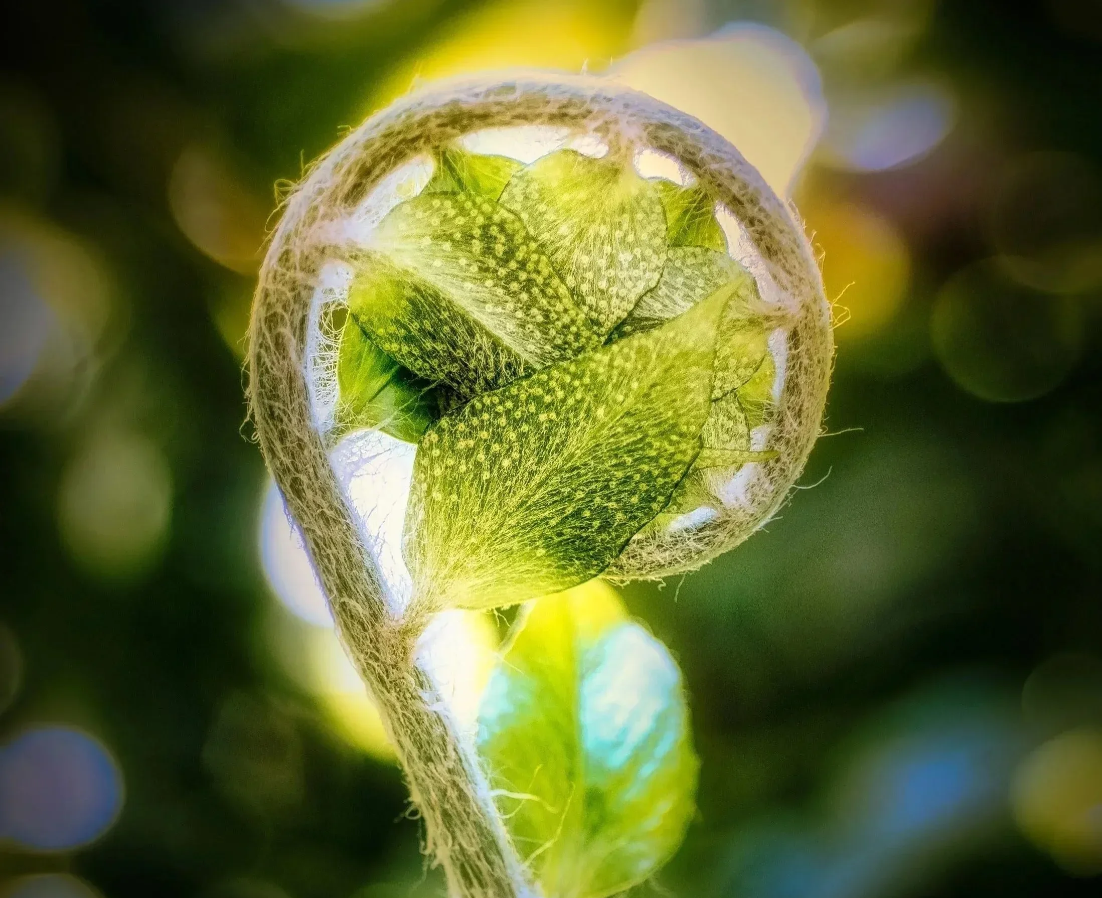 Close-up of a budding green plant with a blurred green background, sunlight illuminating the leaf and stem.