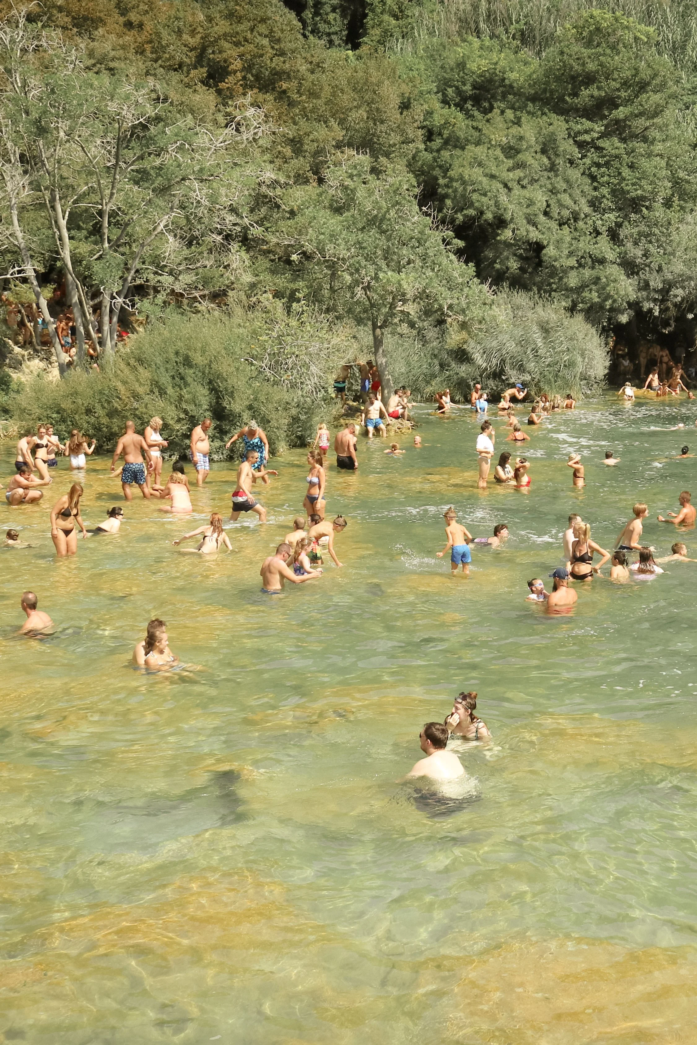 People swimming and relaxing in a natural river surrounded by trees on a sunny day.
