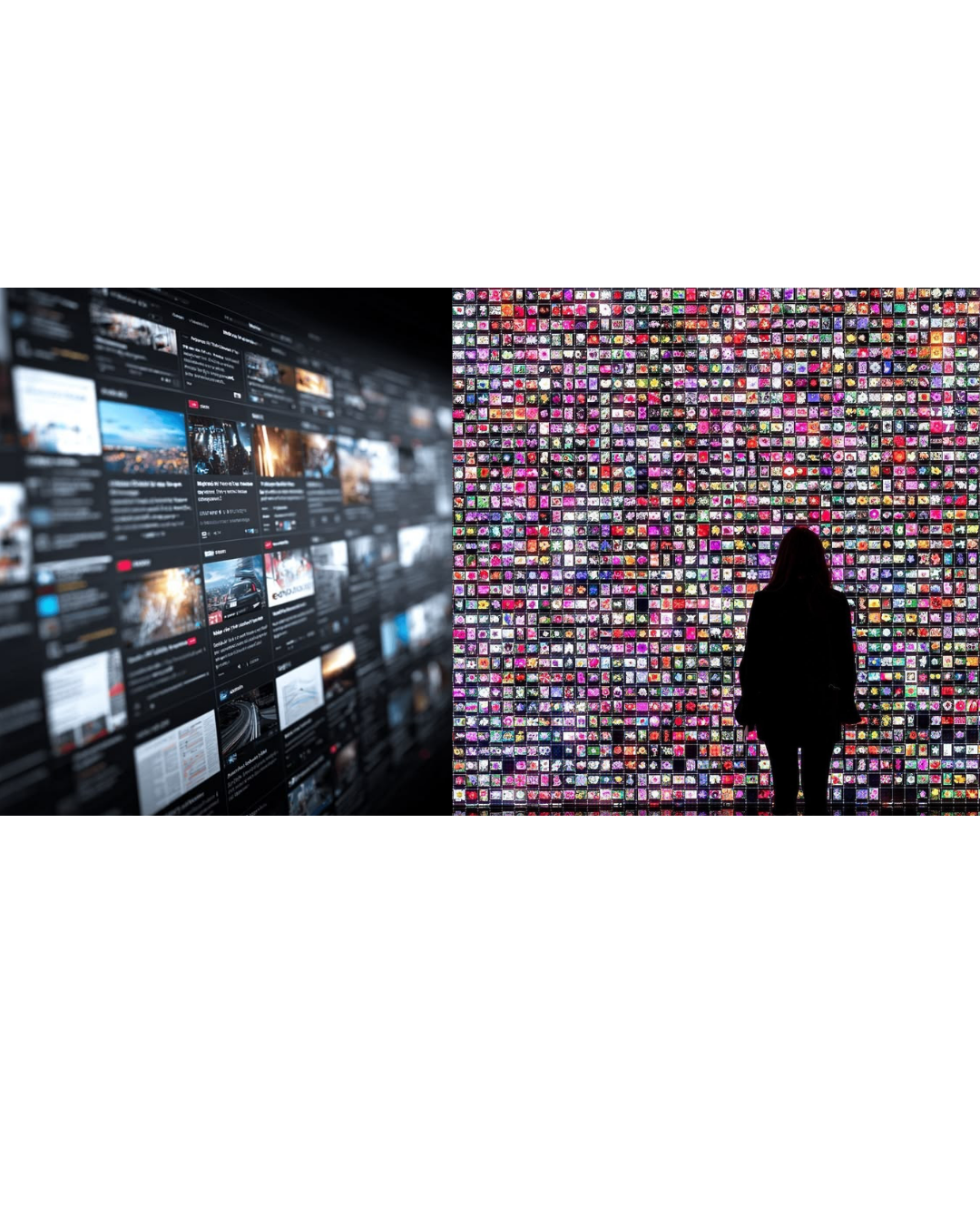 A person standing in front of a wall filled with hundreds of digital images, alongside a screen displaying an endless stream of online content.