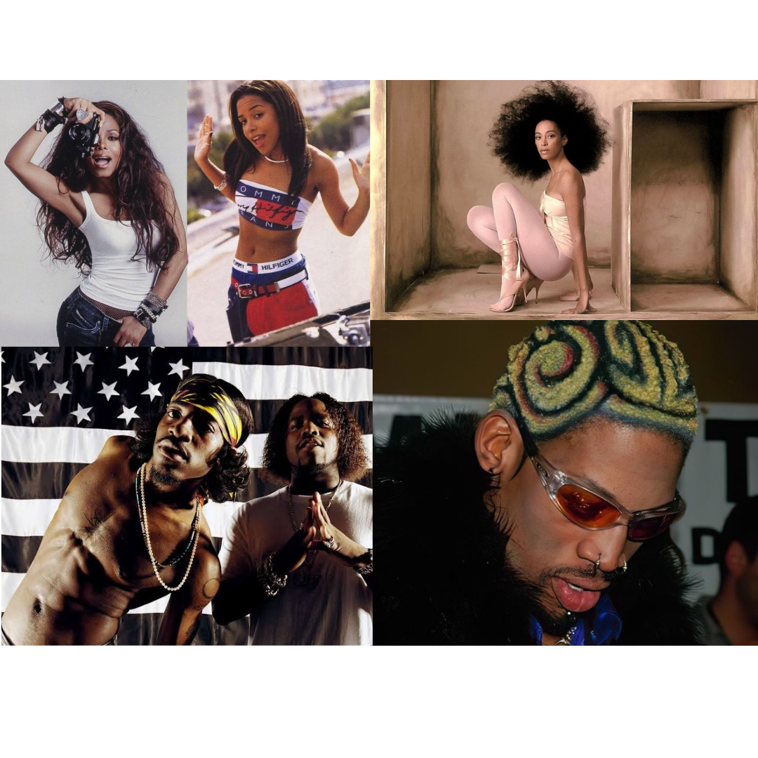 Collage of influential Black musicians and style figures including Missy Elliott, Solange, OutKast and Pharrell Williams across different eras of fashion and music.