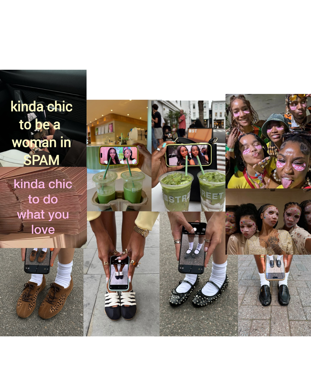 Collage of young Black creatives at events, holding phones and drinks, wearing similar fashion references and documenting one another.