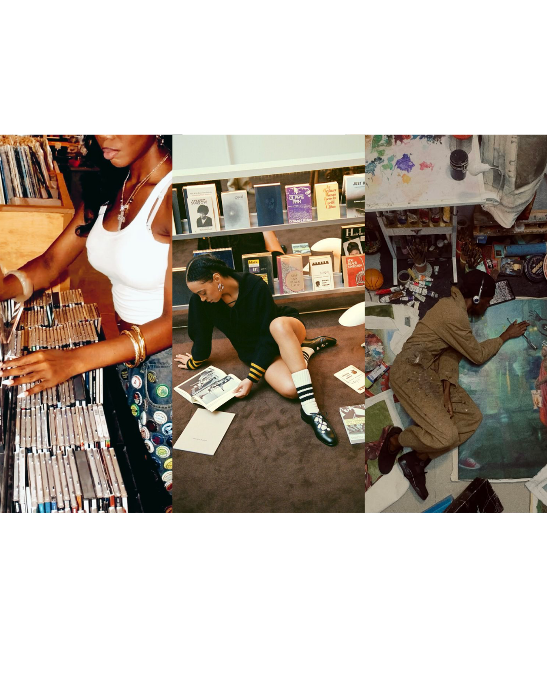 Three images showing creative discovery offline: browsing records, reading books in a bookstore and an artist working on the floor of a studio.