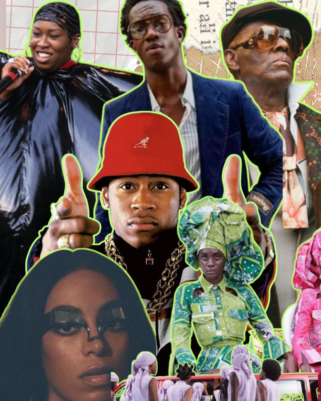Editorial collage of Black style and cultural figures including Missy Elliott, LL Cool J, Solange, Wisdom Kaye and Dapper Dan, layered with fashion imagery and archival textures.