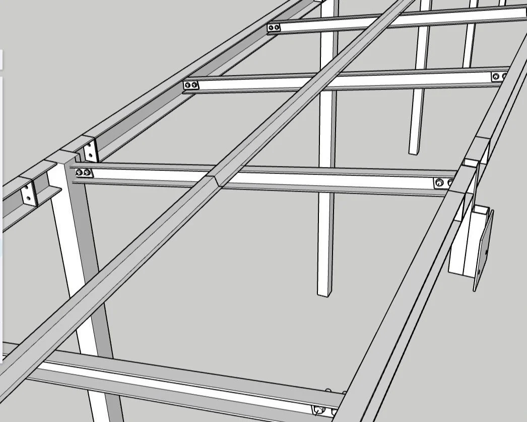 3D illustration of a bespoke steel verandah structure with cross beams and supporting columns.