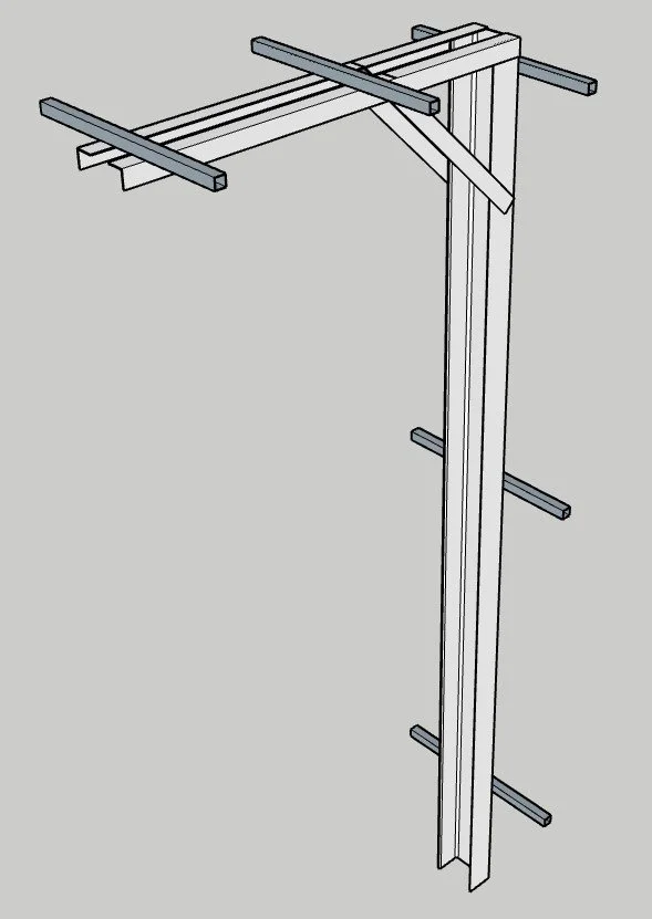 3D model of a galvanised steel PVC pipe support structure.