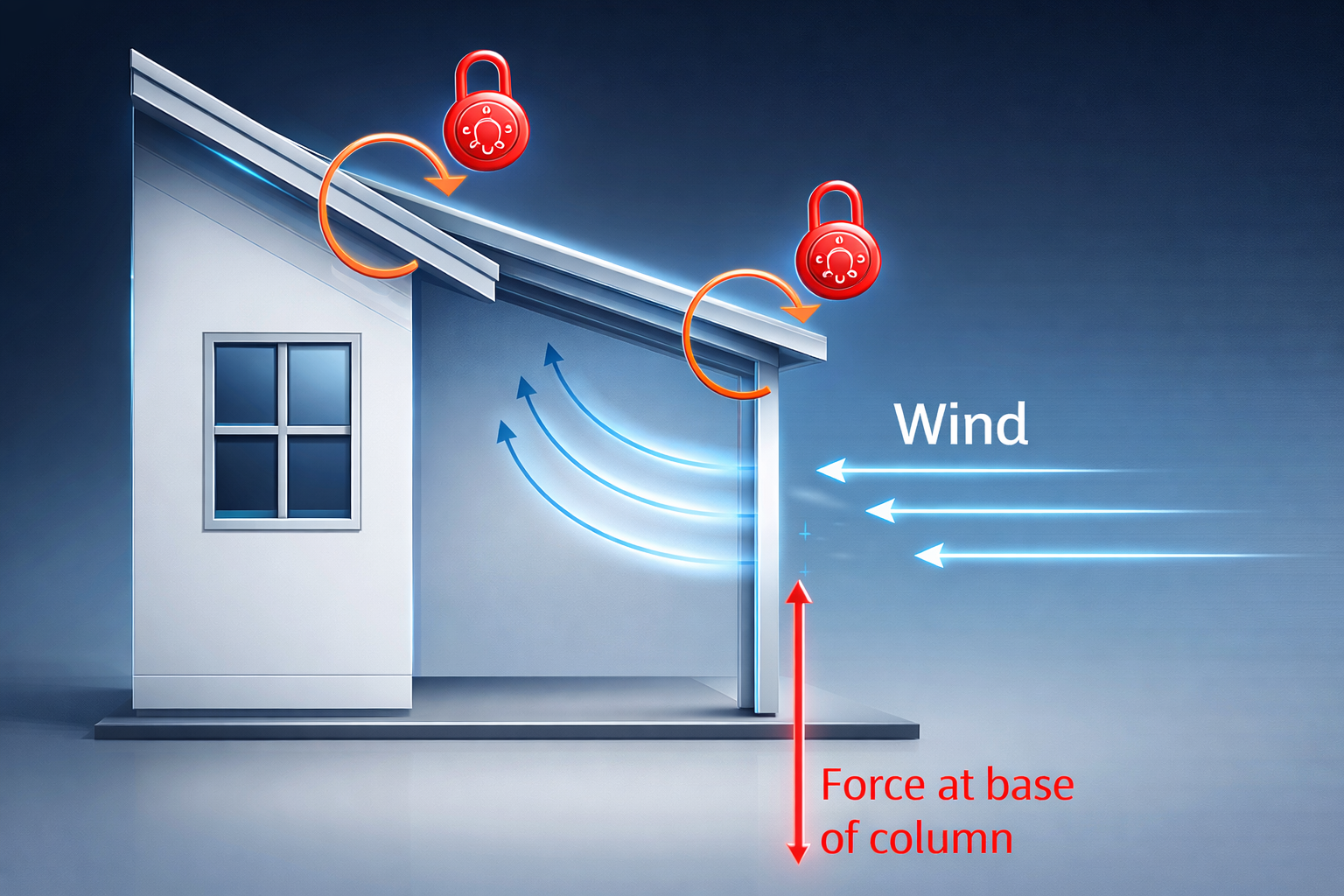 Image showing wind load on a building, and the resulting force at the base of a verandah supporting column.