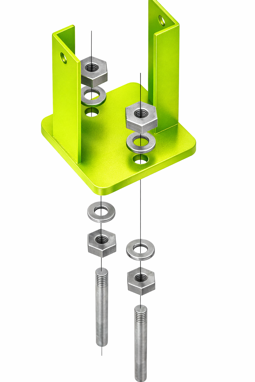 Exploded view of the mechanical assembly of a concealed steel column support. The use of threaded rods allows for height adjustment of the support.