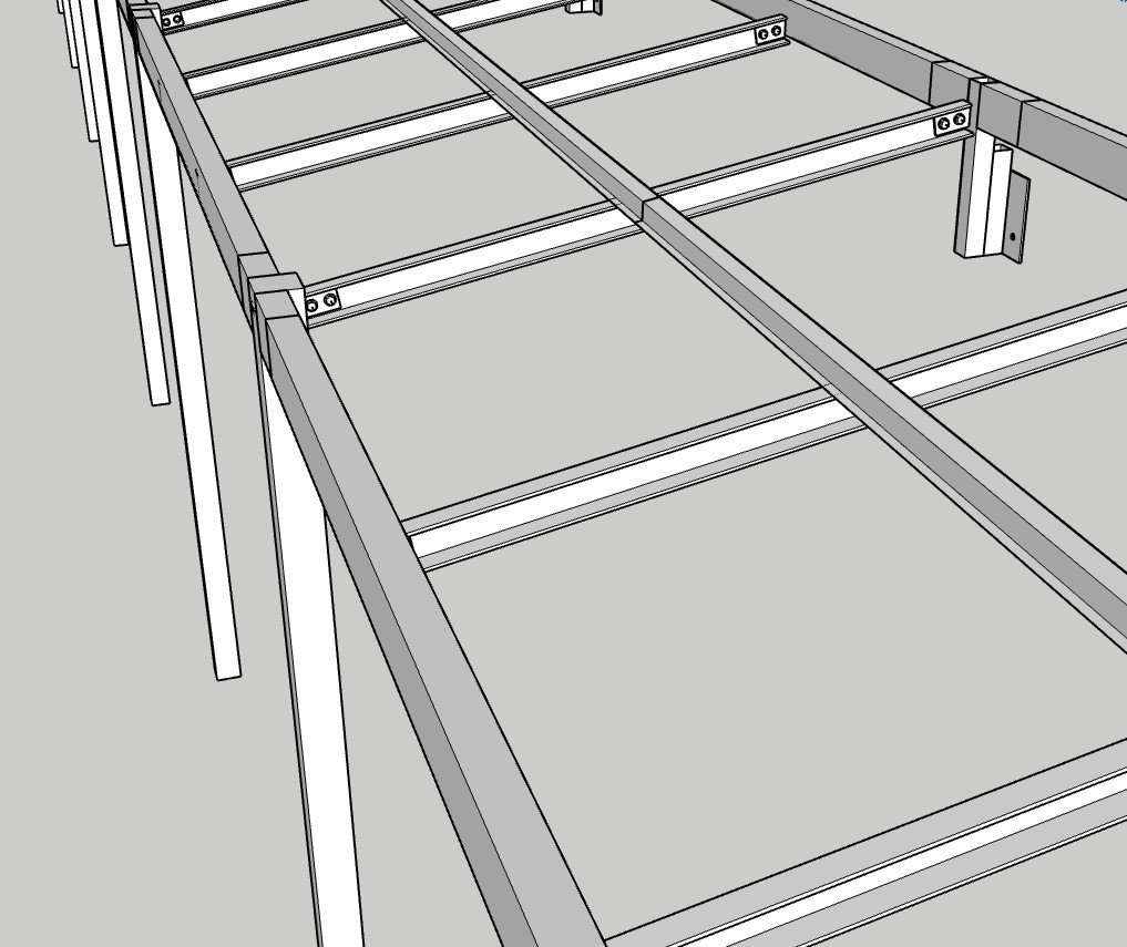 3D illustration of a bespoke steel verandah structure with cross beams and support legs.