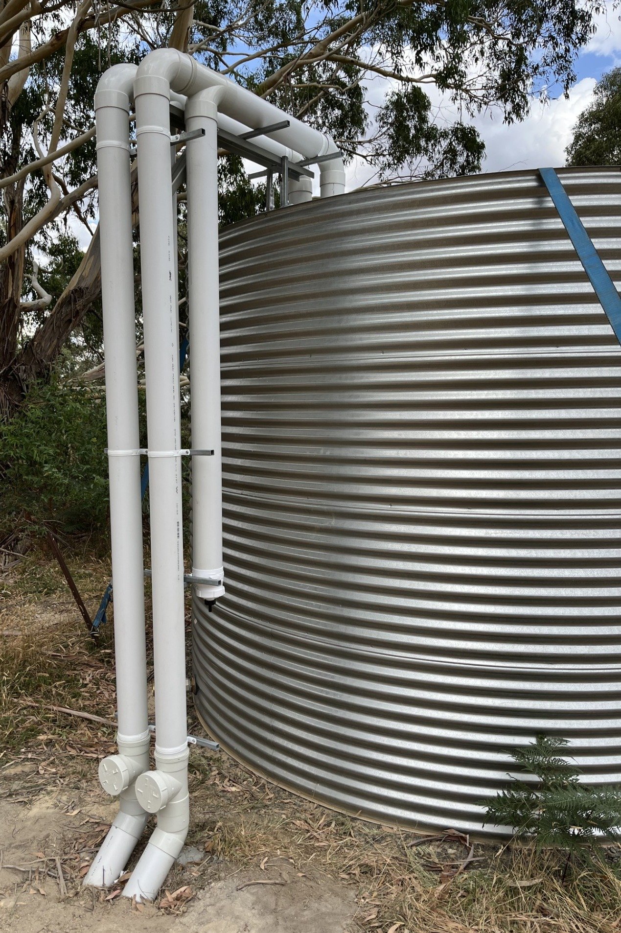Roof rainwater collecting PVC pipes with first flush diverters supported by a galvanised steel structure feeding a corrugated rainwater tank outdoors, surrounded by trees and bushes.