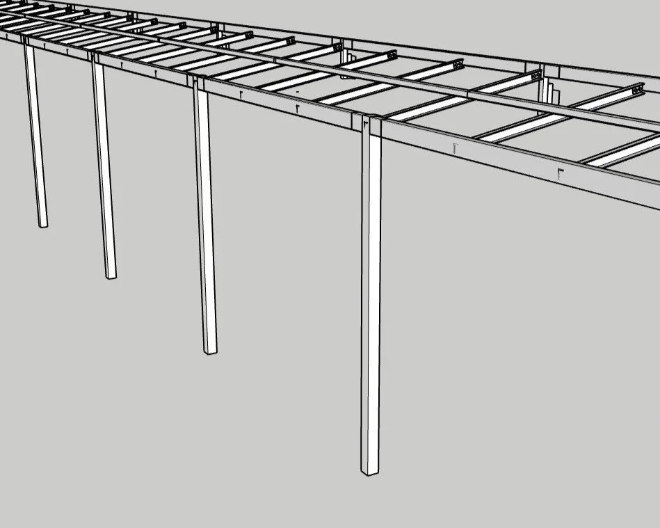 3D model of a bespoke steel verandah framework structure with vertical support beams and horizontal grid pattern.