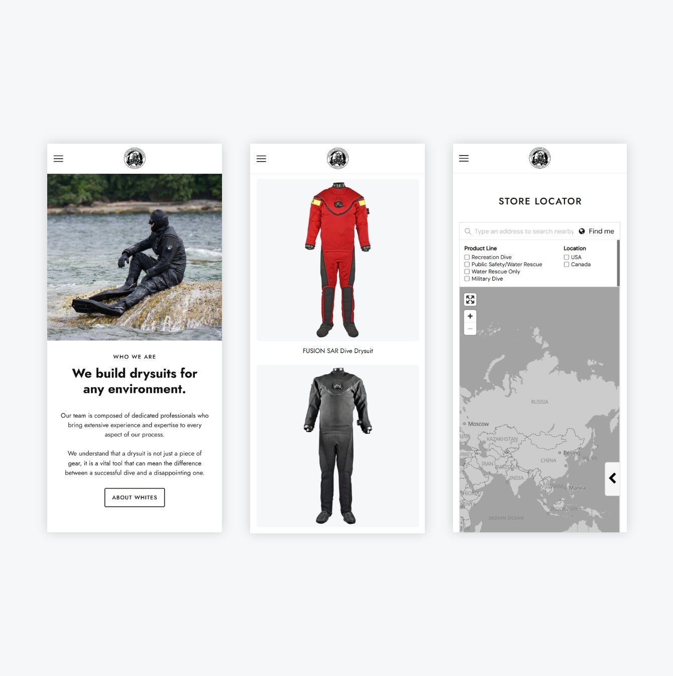Three mobile screens showing a website for Whites Drywear, created by Be Good Design.