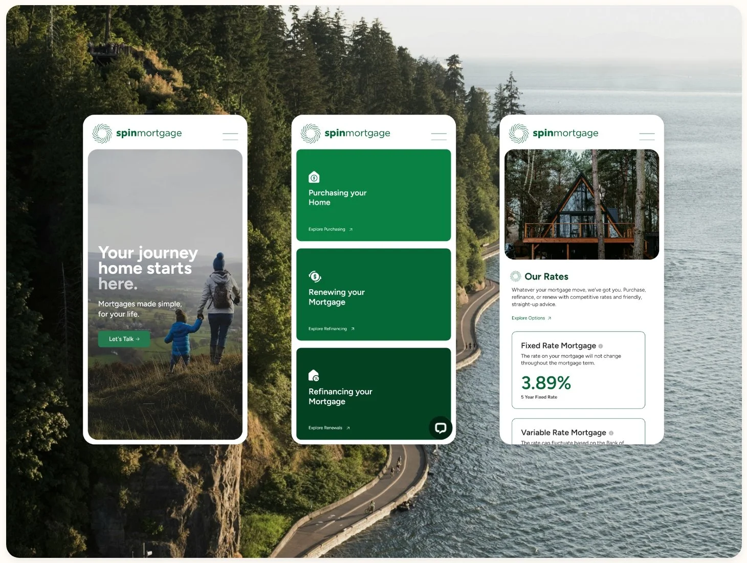 An image of Vancouver, BC with 3 images of the Spin Mortgage website displayed on a mobile device
