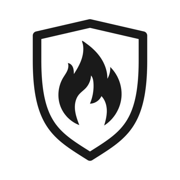 Black fire symbol on a shield icon, representing fire protection or safety.