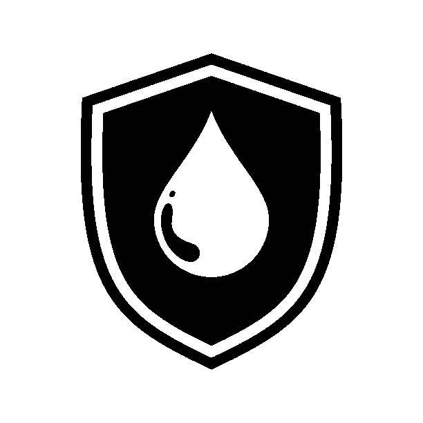 Black and white icon of a water droplet inside a shield