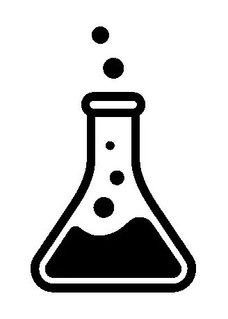 Black and white icon of a laboratory flask with liquid and bubbles