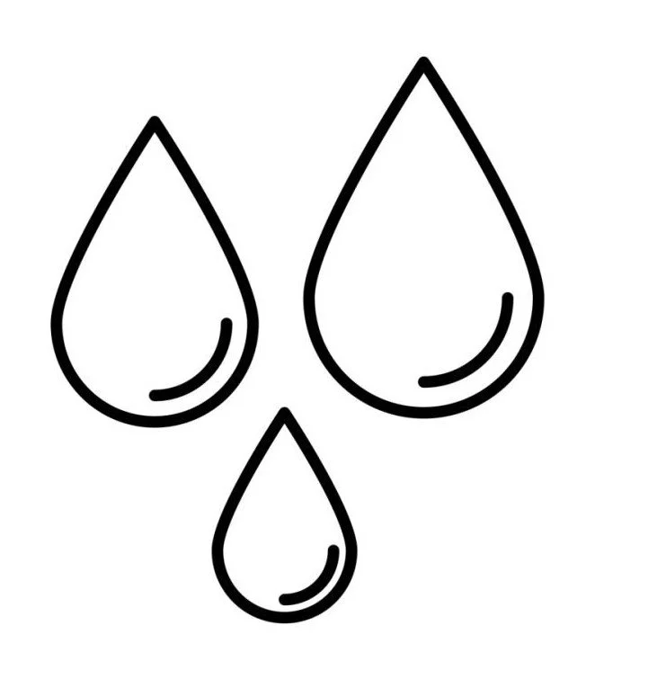 Three outlined water droplets of different sizes on a white background.