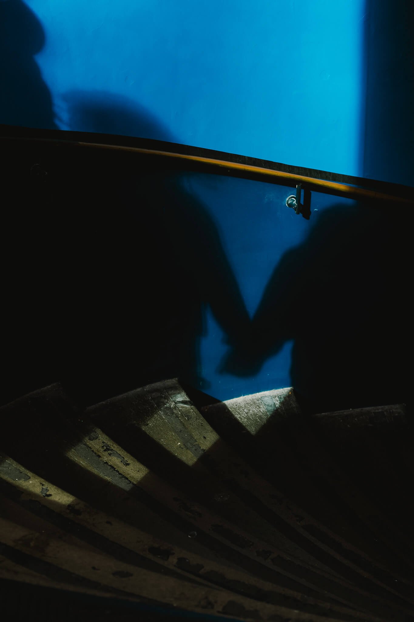 Silhouette of two people holding hands, visible through a darkened space with a blue background and a horizontal rail.