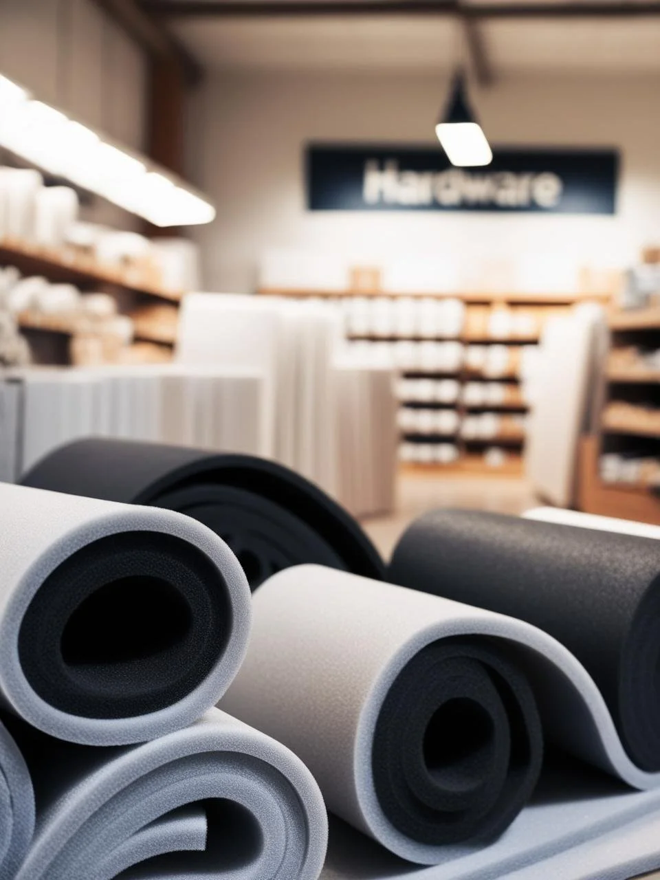 Rolls of black and white foam padding or fabric rolls displayed in a hardware or craft store, with shelves and a sign labeled 'Hardware' in the background.