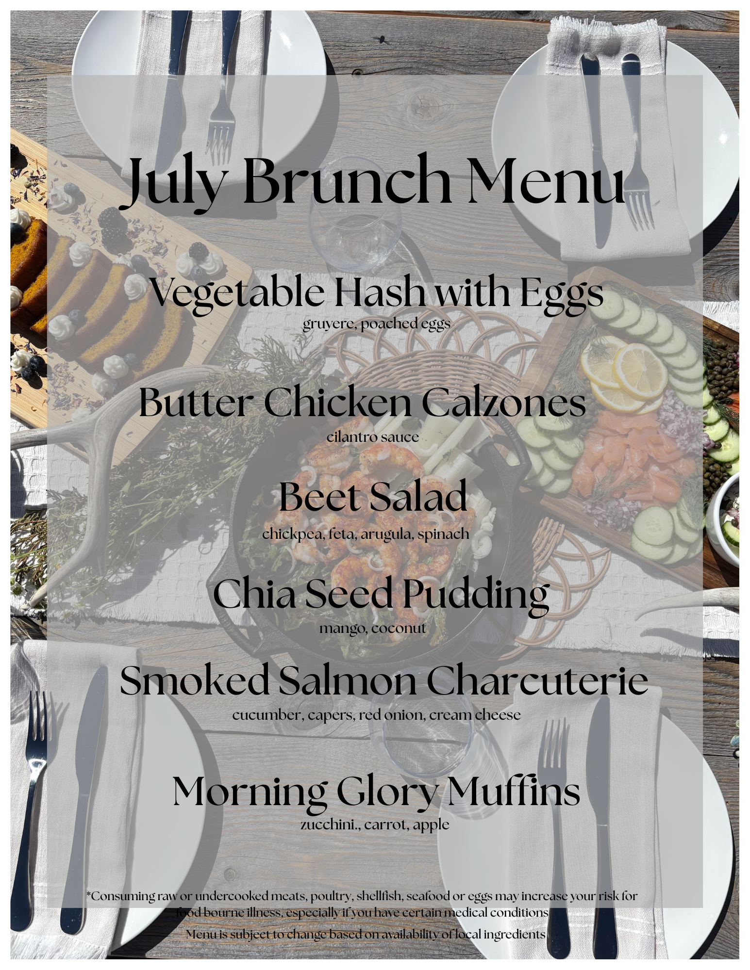 July brunch menu displayed over a table with plates, utensils, and a glass, featuring dishes with vegetables, eggs, salmon, and muffins.