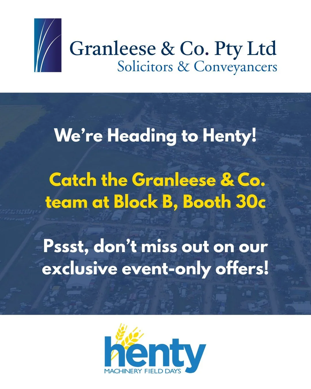 🚜✨ We&rsquo;re heading to Henty Machinery Field Days 2025!
Catch the Granleese &amp; Co team at Block B, Booth 30C.

✔ Learn about our exclusive event-only service packages
✔ Meet the team behind Riverina&rsquo;s trusted farm-focused law firm
✔ Star
