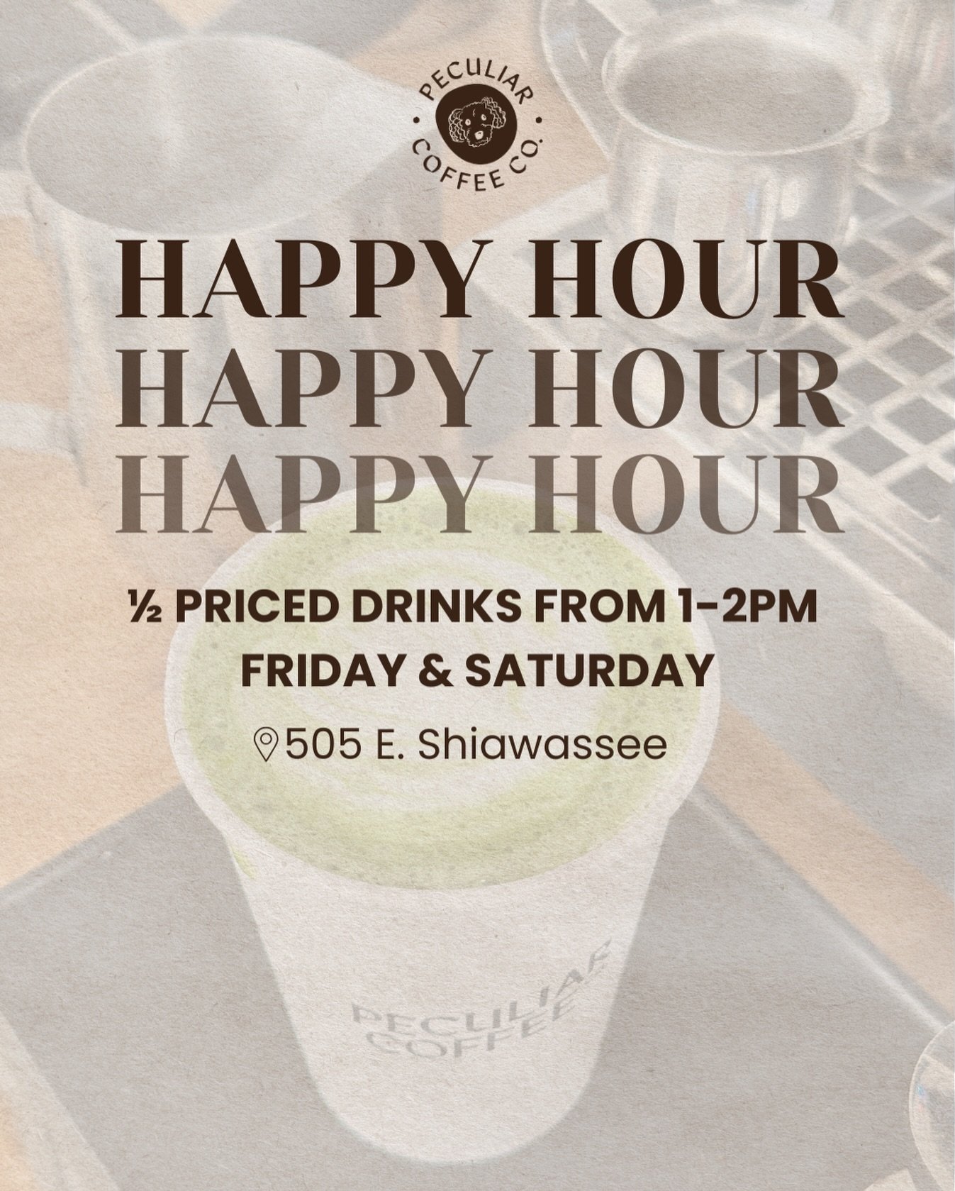 This weekend!! 1/2 priced drinks!! Happy Hour!! 

Join us from 1-2 at Sparrow Bloom for 1/2 priced drinks! Visit all day for discounted stocking stuffers, 50% off deals, and more. 

See you this weekend. ☺️☕️🤎 

#peculiarcoffeeco #lansingcoffee #mic