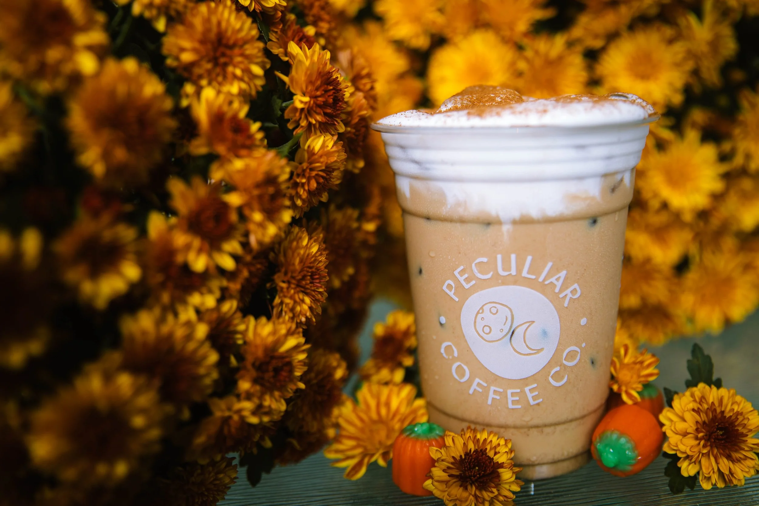 photo of a latte with peculiar coffee co on the label