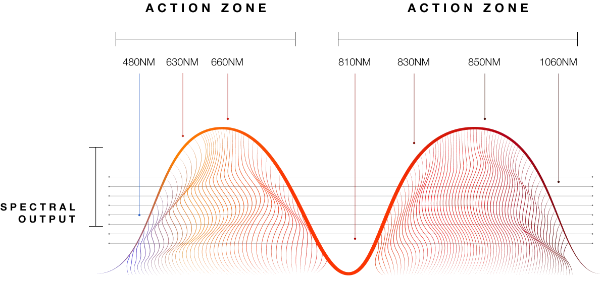 Red light and infrared action zones and spectral output
