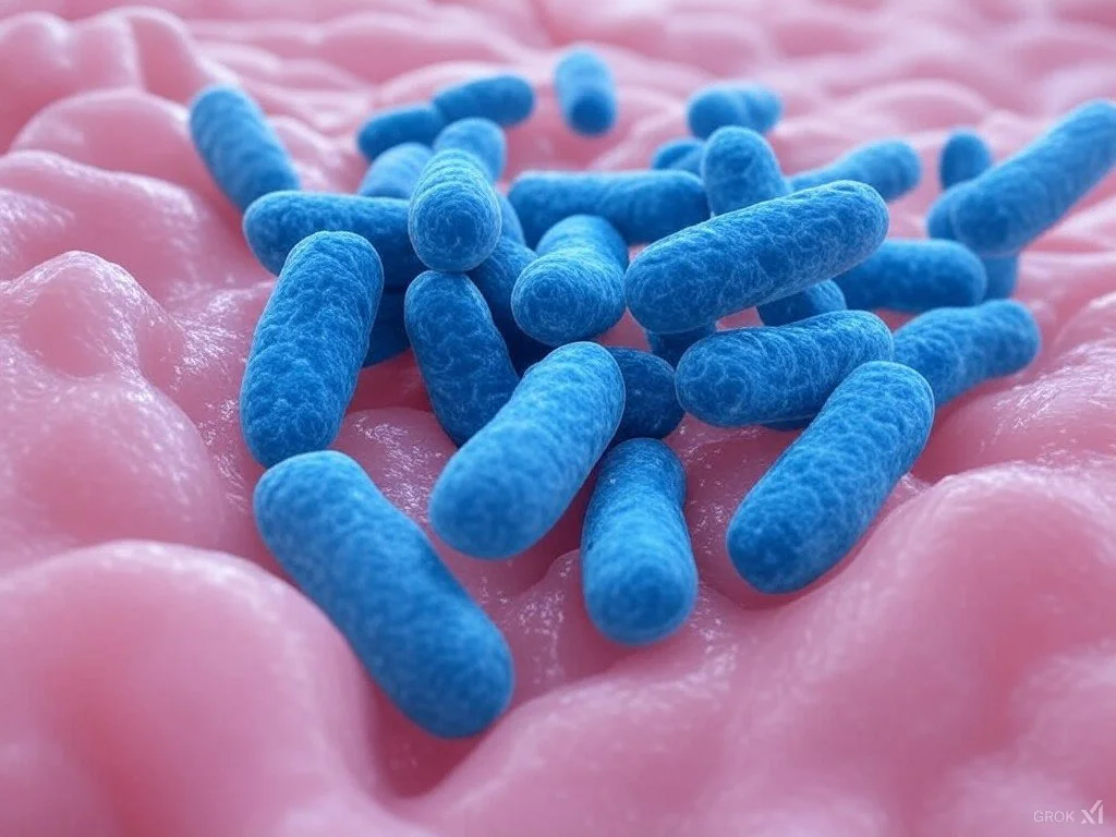 Blue bacteria on a pink surface, representing a microscopic view.