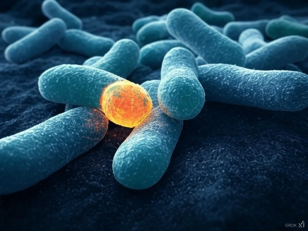 Close-up of bacteria cells, with one glowing orange.