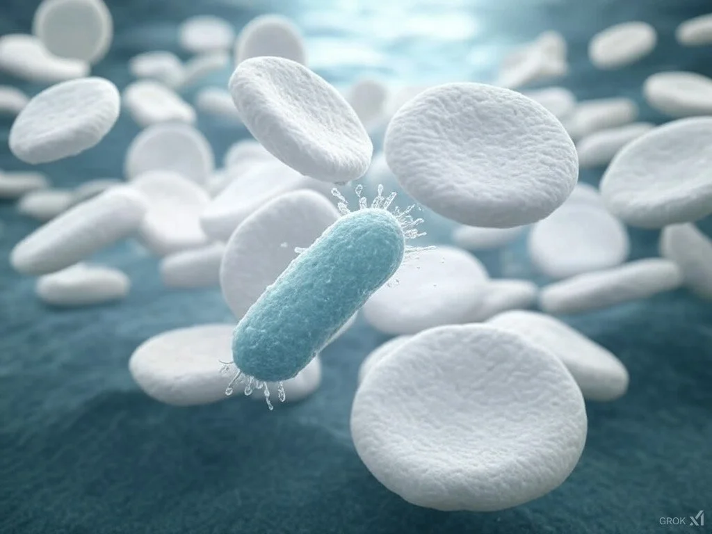 Illustration of bacteria surrounded by white blood cells.