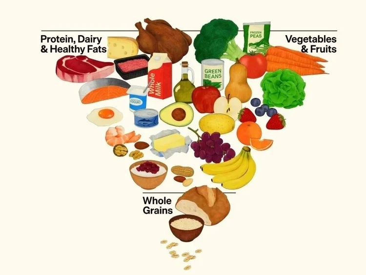 Updated food pyramid with protein, dairy, and healthy fats at the base and whole grains at the bottom