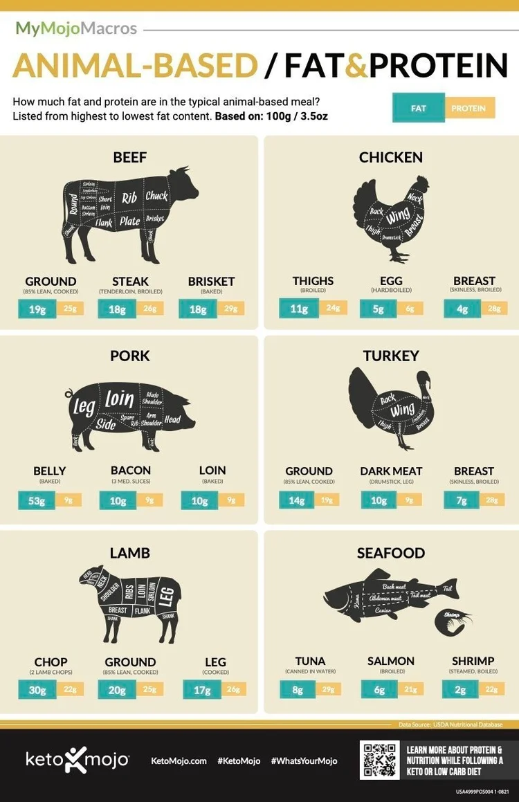 Chart of fat and protein content in animal-based meats including beef, chicken, pork, turkey, lamb, and seafood
