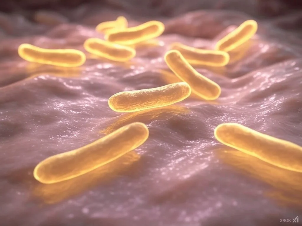 Close-up of yellow rod-shaped bacteria on a textured surface.