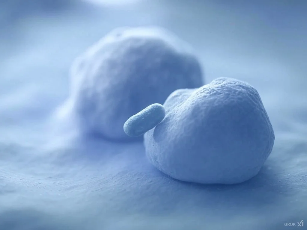 Close-up of white blood cells in a blue-tinted microscopic view.