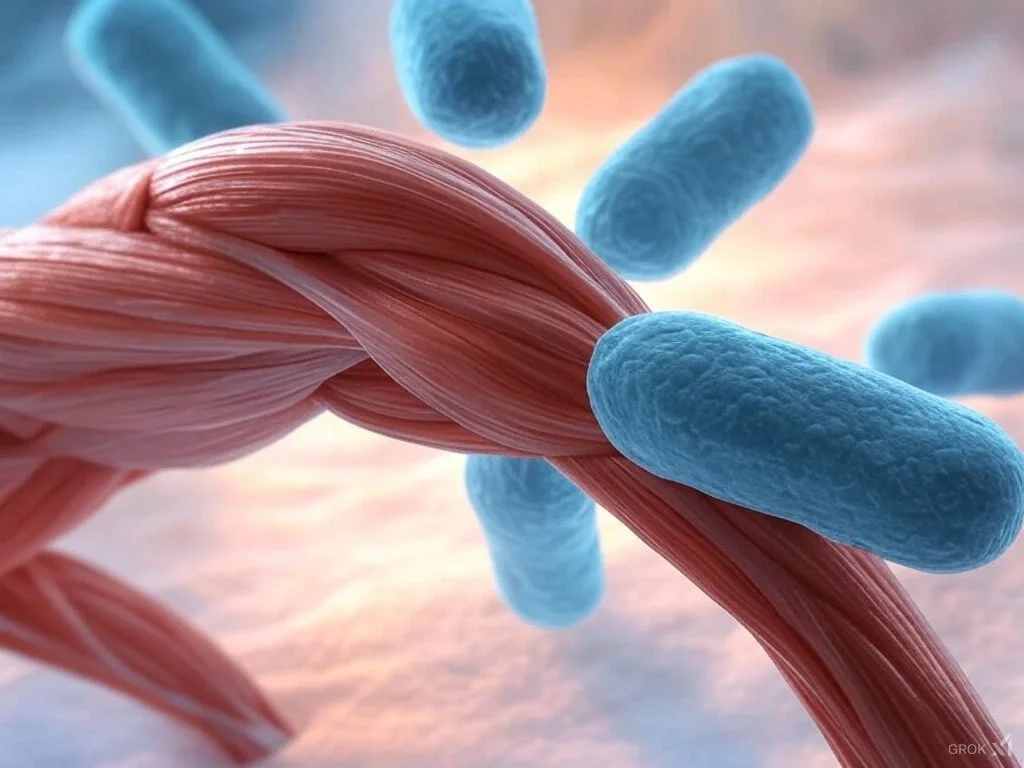Artistic rendering of blue spherical bacteria interacting with red muscle fibers.
