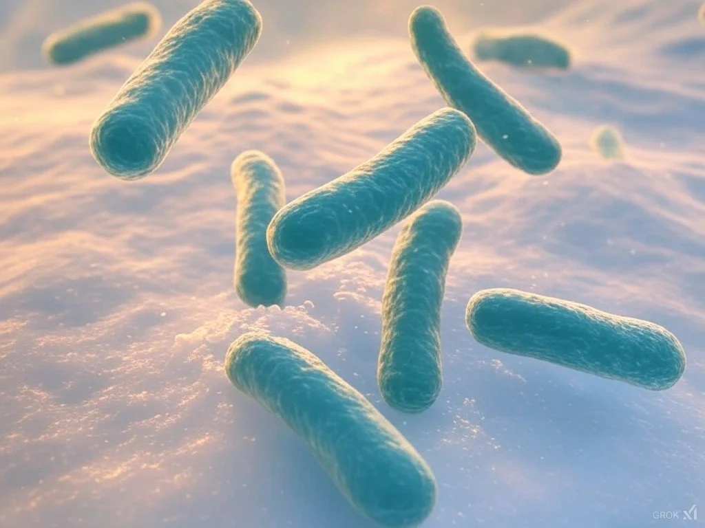3D rendering of green rod-shaped bacteria floating in a light-colored environment, resembling a microscopic view of microorganisms.